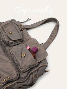 STEPHIECATHY Women's Shoulder Bag Y2K Cool Street Style Washed PU Leather Rivets Tote Cross Body Handbag Multi Pockets Large Commuter Fits 13' Laptop Casual Daily - Multicolor - View 9