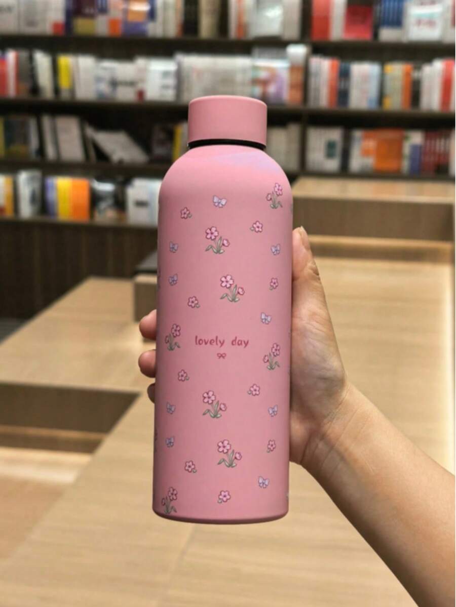 500ml/16.9oz 不鏽鋼迷你花卉圖案馬克杯,便攜保溫水瓶附橡膠塗層,適合居家與戶外運動,返校季送給家人朋友的完美禮物 - 粉紅小花 - 查看 1