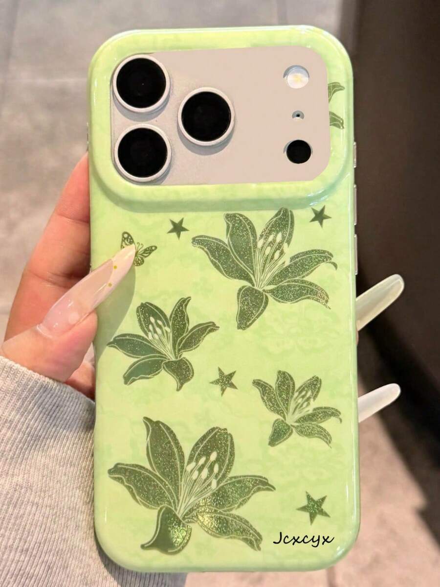 Casing Ponsel Mewah Motif Aurora Hijau Bunga Lili Kupu-kupu Bintang Kompatibel dengan iPhone 17 Pro Max 17 Pro 17 16 15 14 13 Pro Max Plus 15 Hijau Muda Pola Bunga Vintage Timbul Tekstur Riak Air Tidak Beraturan Berkilau - Hijau - View 1