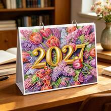 1件 5D DIY-2027 鑽石畫桌面日曆，花卉蝴蝶圖案主題創意設計紙質雙面桌面日曆，創意手工藝品，適合居家學習、辦公室及桌面裝飾，適合女性，是送給同事、朋友和家人的理想節日與新年禮物 - WTL005-花朵2 - 查看 2