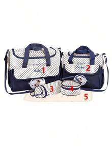 5pcs/Set Tas Ibu Bordir Beruang Modis, Tas Selempang Multifungsi Kapasitas Besar untuk Ibu & Bayi (Tas Popok) - Navy Blue - View 9