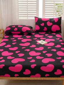 1PC Black Base Oversized Hot Pink Big Heart Pattern Fitted Sheet Without Filler, Fitted Sheet For Bedroom Brushed Microfiber Breathable Comfortable 1pc Fitted Sheet King Queen Full Twin Deep Pocket Design Up To 11.8 Inches Fitted Sheet - Hot Pink - View 2