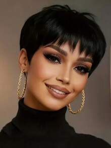 Women's Short Straight Human Hair Wig, 6 Inch Natural Black Brazilian Hair, 150% Density, Full Machine Made - Natural Black - View 4