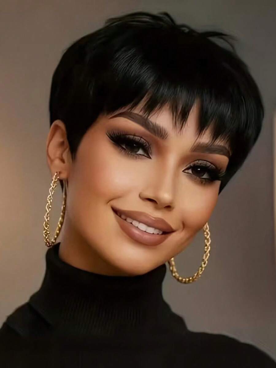 Women's Short Straight Human Hair Wig, 6 Inch Natural Black Brazilian Hair, 150% Density, Full Machine Made