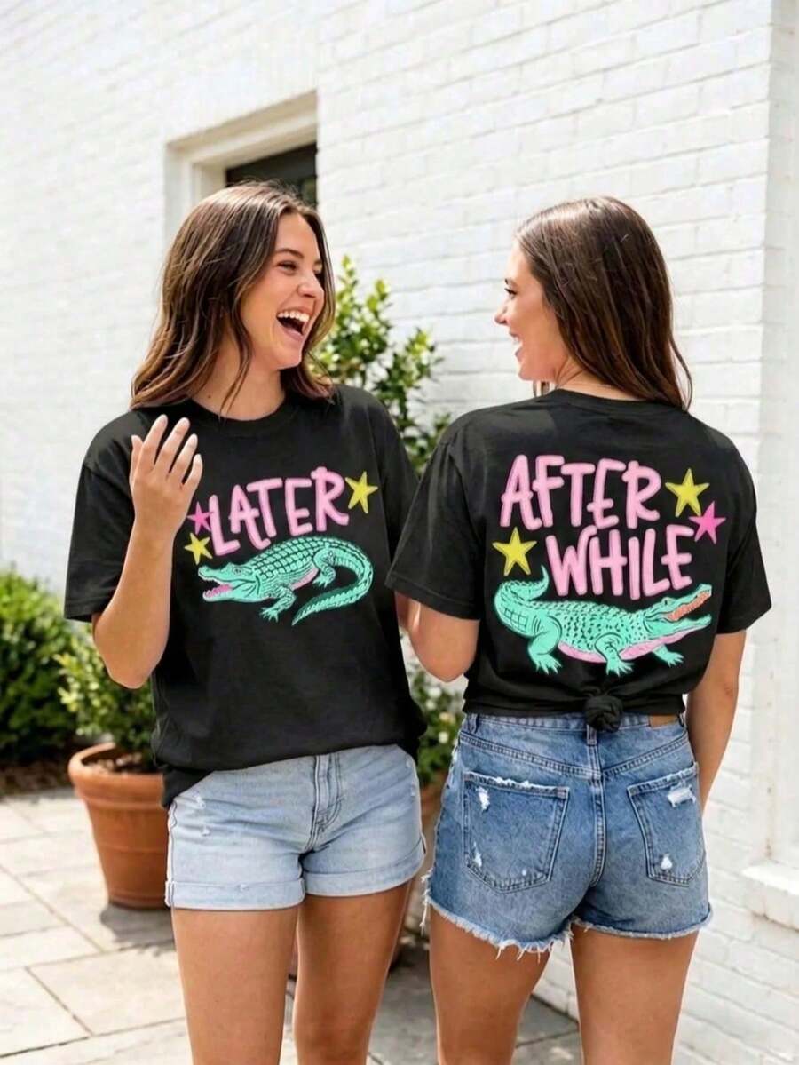 This Short-Sleeved Crew Neck Casual Top Features A Popular Crocodile Icon, Crocodile Tattoo, And Slogan Print, Making It Perfect For Spring And Summer - Black - View 1