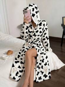 Autumn/Winter Women's Plush Cow Print Hooded Long Robe Loungewear - Black and White - View 1