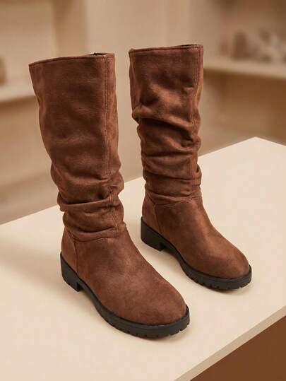 1 Pair 2026 Girls' Round Toe Mid-Calf Stacked Chunky Heel Boots, Casual Autumn/Winter Daily School Outfit