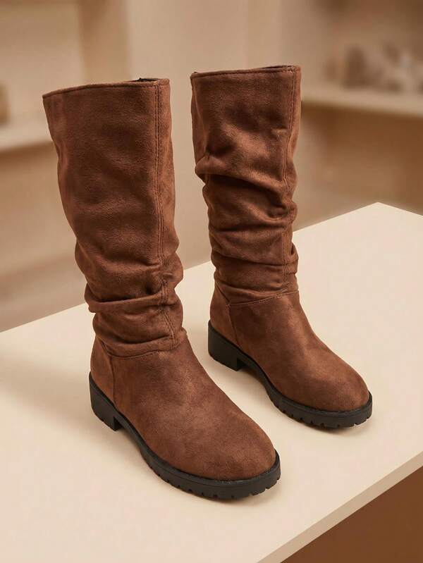 1 Pair 2026 Girls' Round Toe Mid-Calf Stacked Chunky Heel Boots, Casual Autumn/Winter Daily School Outfit