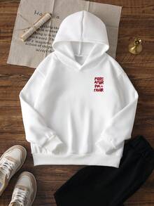 1pc Tween Girl Hooded Sweatshirt With Spanish Text Print Front And Back, Red And White Vertical Stripes, MORE AMOR Red Lips Graphic, Loose Fit Pullover Sweatshirt, Gentle Casual Everyday Wear - White - View 3