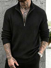 Men's Autumn/Winter Minimalist Solid Color Fashion Casual Half-Zip Turn-Down Collar Long Sleeve Sweater - Black - View 2