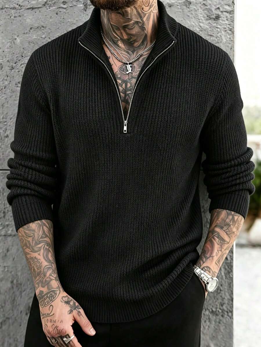 Men's Autumn/Winter Minimalist Solid Color Fashion Casual Half-Zip Turn-Down Collar Long Sleeve Sweater - Black - View 1