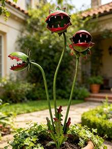 1/2 pezzi Cartelli decorativi divertenti per giardino a forma di carne, decorazione da esterno, scultura in metallo dipinto 3D a tre teste con fiori, rastrelliera per rampicanti da orto, vaso per fiori, cartelli decorativi per giardino e prato - convenzionale - Visualizzare 2