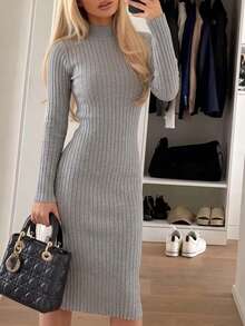 Women's Grey Ribbed Knit High Neck Long Sleeve Slim Fit Midi Dress - Grey - View 1