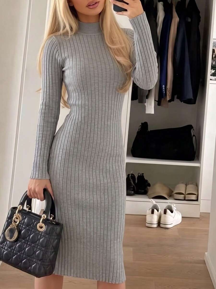 Women's Grey Ribbed Knit High Neck Long Sleeve Slim Fit Midi Dress - Grey - View 1