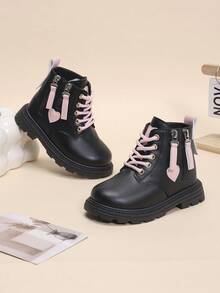 1 Pair Girls' Boots, Solid Color Matte PU With Heart Pattern Decor, Side Zipper & Front Lace-Up Design, Round Toe, Warm Thick Sole, Height-Increasing, Durable, British Style Fashion Ankle Boots, Suitable For Boys & Girls Students, Daily Casual, Vacation, Party, Outdoor Wear, Autumn/Winter New - Black - View 5