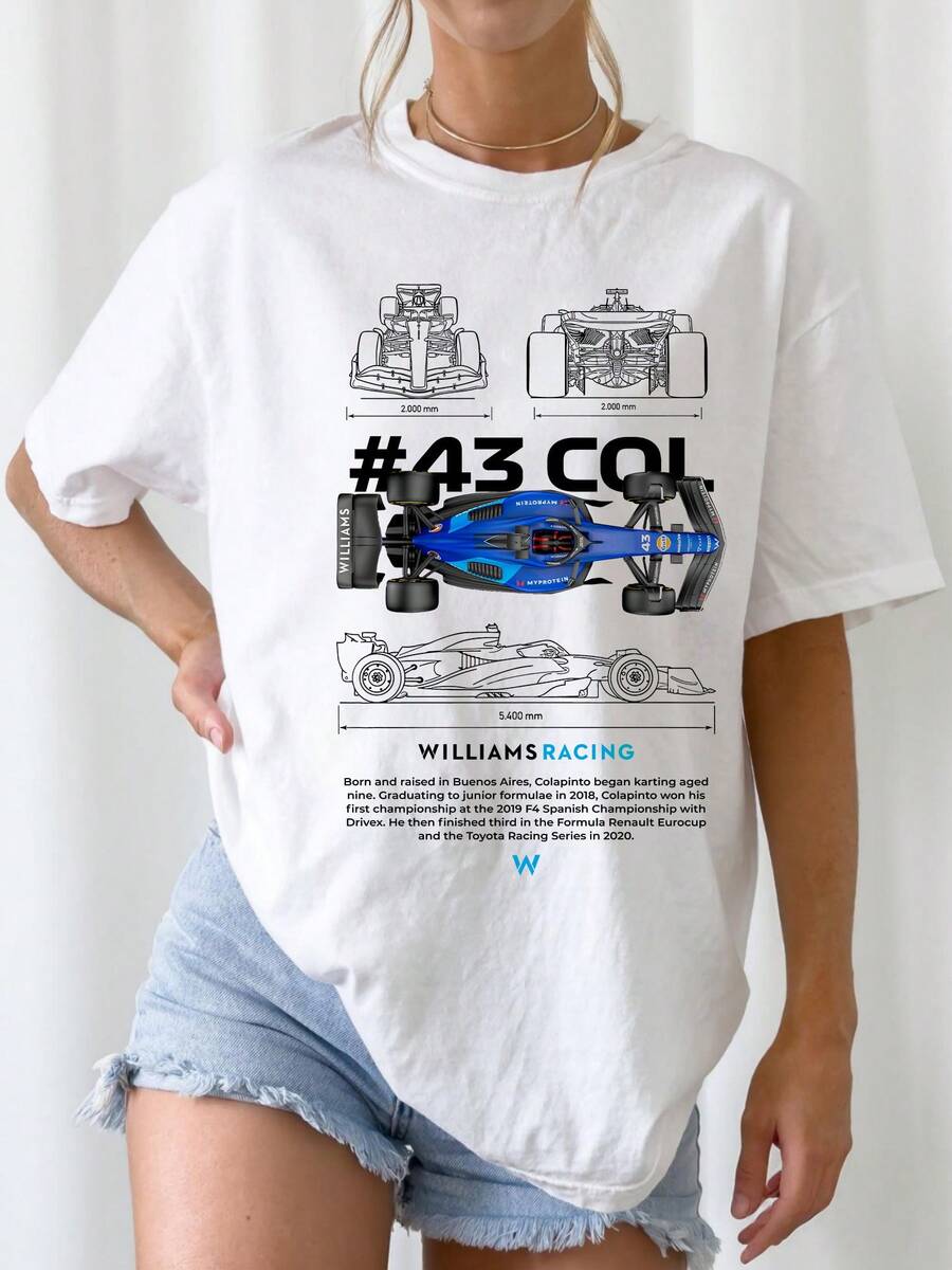 F1 FrancoS ColapintoS WilliamsS #43 Top Down Race Car Front Side Technical Sketch Argentine Driver Bio Graphic Tee - 白色 - 查看 1