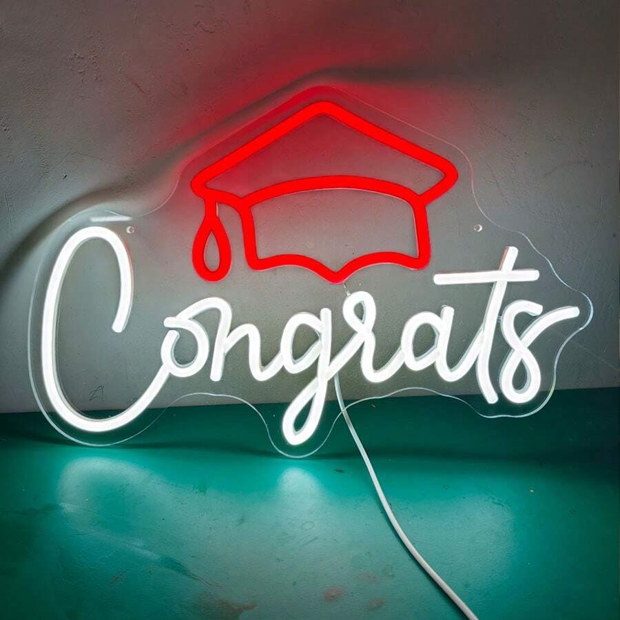 1 pieza Letrero de Neón LED Congrats Grad - Decoración de pared con alimentación USB y regulable, con diseño de birrete de graduación y copa de champán, iluminación de estilo cursiva para fiesta de graduación, celebración en oficina en casa, construcción de plástico duradero, decoración de graduación, iluminación de ambiente de fiesta, decoración, directo de fábrica