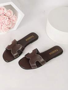 New Pure Yellow Korean Style Fashion Slippers Women Summer Outdoor Flat Vacation Beach Sandals H-Shaped Slides - Coffee Brown - View 3