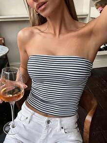女款夏季性感辣妹休閒百搭 Y2K 風格抹胸上衣 - 藍白條紋 - 查看 8