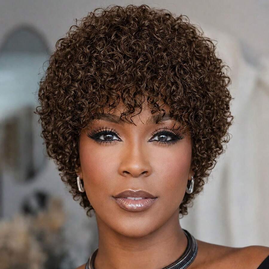 AMECIRE Curly Wig Brown Wig Short Hair Wig Human Hair Wigs Pixie Cut Wig Women's Curly Wig Elastic Mesh Cap Suitable For Everyday Wear And Holidays