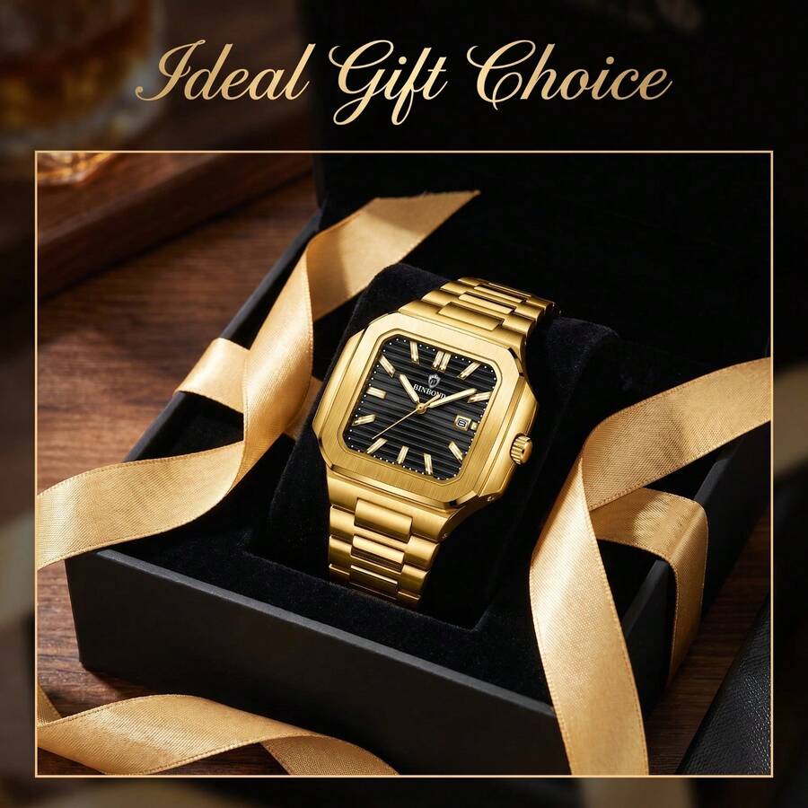 POEDAGAR Men's Luxurious Gold Stainless Steel Strap Luminous Waterproof Date Calendar Square Watch For Business Birthday Festival Back-To-School Gift Souvenir