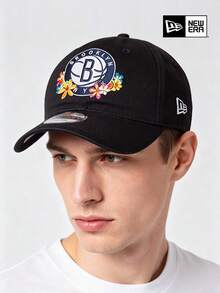 New Era Brooklyn Nets 花卉刺繡棒球帽，黑色寬鬆可調節  運動老爹帽，適合街頭休閒戶外防曬 - 黑色 - 查看 1