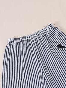 Teen Girls Spring/Autumn Fashion Casual Minimalist Embroidered Round Neck Long Sleeve Top & Elastic Waist Striped Wide Leg Pants 2pcs Set Suitable For Daily Outings, Travel, Commuting - Black and White - View 7