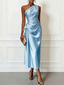 Women's Summer Evening Midi Dress, Elegant One-Shoulder Ruched Slim Fit, Satin Fabric, Sleeveless, Champagne Black Blue, Draped, Luxury Style - Blue - View 2
