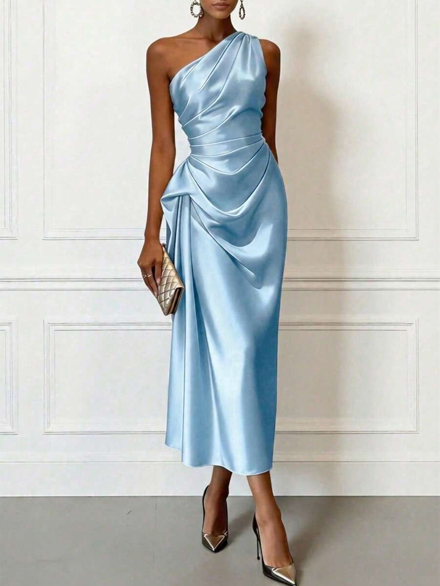 Women's Summer Evening Midi Dress, Elegant One-Shoulder Ruched Slim Fit, Satin Fabric, Sleeveless, Champagne Black Blue, Draped, Luxury Style