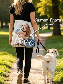 Bolsa de tela personalizada con foto, bolso de mano de gran capacidad de lona de algodón con impresión personalizada, tela duradera, área reservada para nombre de la novia y texto de la fiesta personalizados, adecuado para novias, damas de honor, amantes de mascotas, ideal para regalos de despedida de soltera, reuniones de damas de honor, uso diario, recuerdo de preboda temático, temporada de vuelta al colegio, regalo personalizado para el Día del Maestro - Multicolor - Ver 7