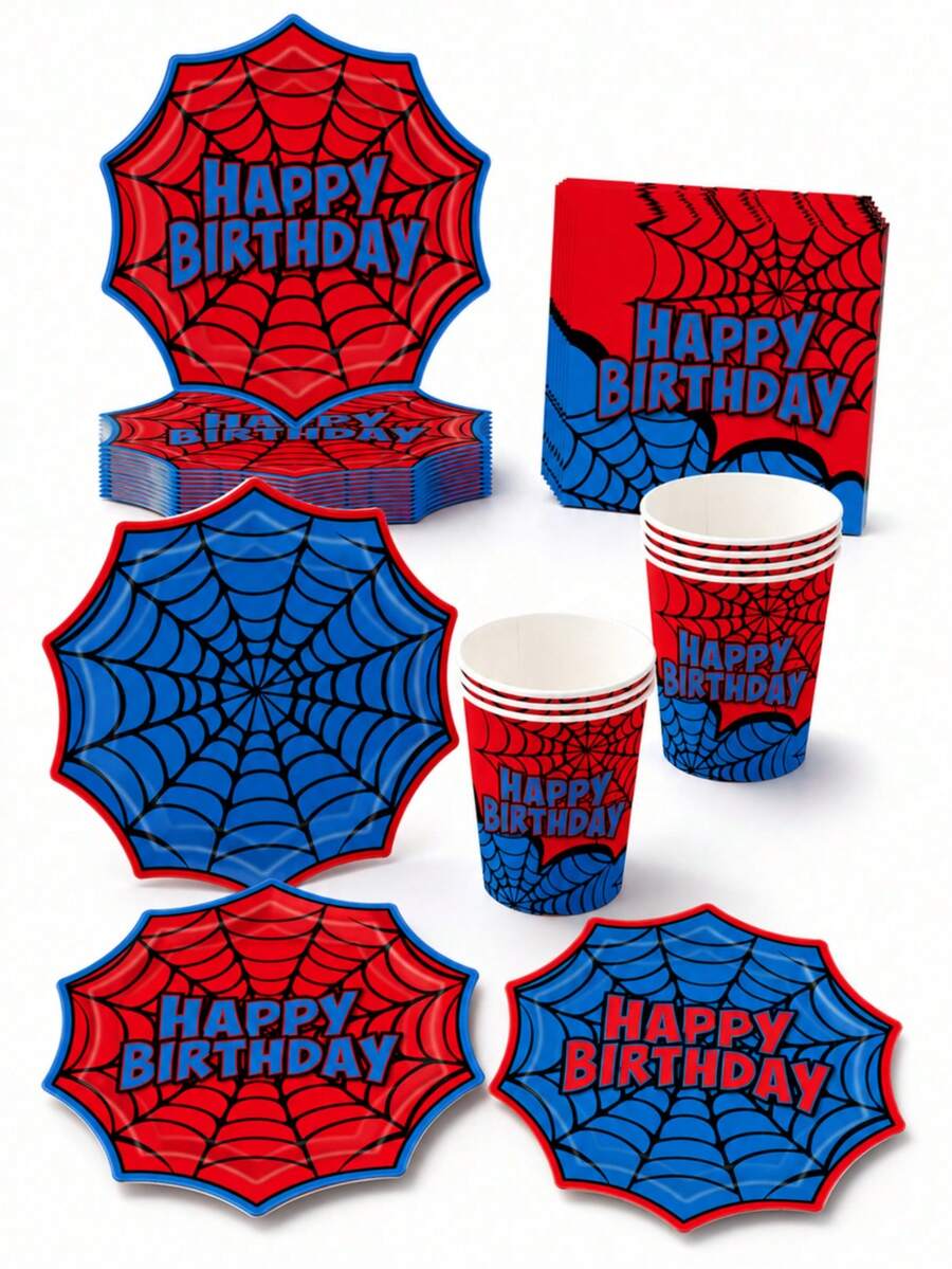 10pcs/20pcs/70pcs Spider Web Birthday Paper Tableware Set, Red & Blue Spider Web Design 7/9 Inch Paper Plates, 3.5 Inch Cups, 6.5 Inch Napkins, Hero Theme Birthday Party Supplies, Hero Theme Birthday Party Decoration Tableware Set - Multicolor - View 1