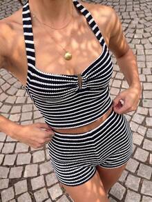 2pcs/Set Atasan Halter Rajut Bergaris Blok Warna Resin Berongga dan Celana Pendek Bikini Pantai Hitam Musim Panas Elegan - Hitam - View 3