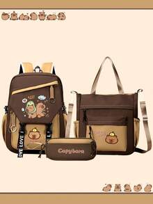 3-Piece Capybara Backpack Set, Includes Tote Bag And Pencil Case, Durable Nylon Material, Multi-Pocket Design, Tablet Compartment, Suitable For Back To School - Multicolor - View 7
