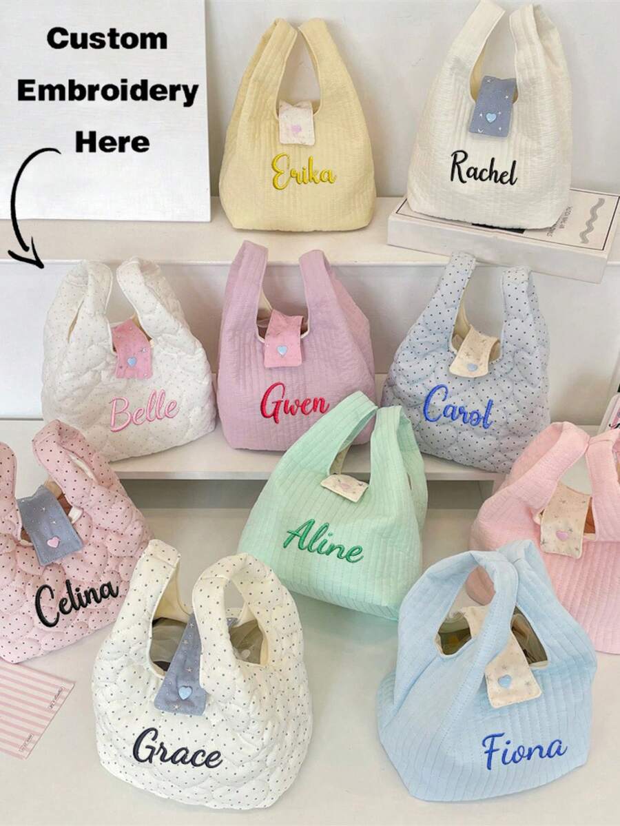 客製化刺繡迷你絎縫托特包,柔軟加厚手提小包,適合收納口紅、耳機、鑰匙,旅行與日常收納,送給女孩的可愛禮物 - 彩色 - 查看 1