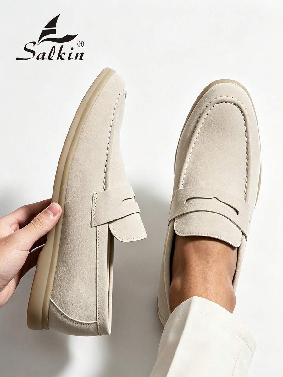 Salkin 奢華時尚設計師男士樂福鞋 圓頭一腳蹬 柔軟仿麂皮素食皮革休閒鞋 莫卡辛鞋 極簡商務正裝鞋 男士舒適日常辦公派對婚禮鞋 情侶約會浪漫晚餐度假禮物 返校學生鞋 學院風，請選擇大一號