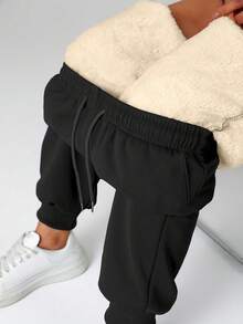 Women's Winter Solid Color Fleece Lined Outdoor Casual Pants, Versatile Long Pants For Home, Office, Party - Black - View 6