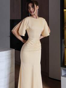 Old Money Satin Round Neck Split Short Sleeve Ruched Waist Mermaid Maxi Dress Elegant Wedding Guest Formal Evening Gown - Apricot - View 4