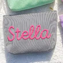 Custom Seersucker Makeup Bag & Travel Pouch - Personalized Chenille Name Toiletry Bag & Summer Beach Tote - 14Khaki Rose Red - View 7
