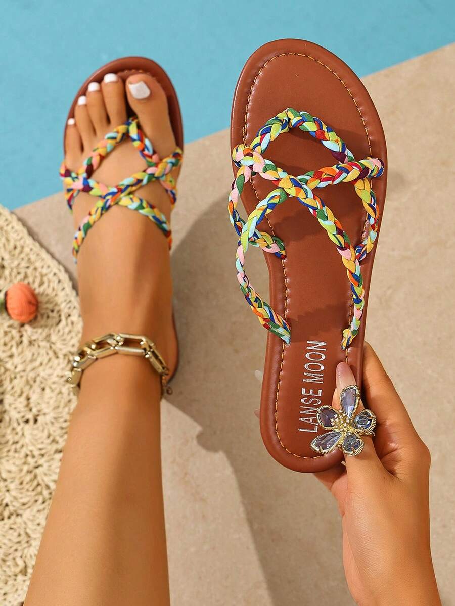 Women's Flat Sandals, Summer Vacation Style Beach Slides, Bohemian Thong Sandals - Multicolor - View 1