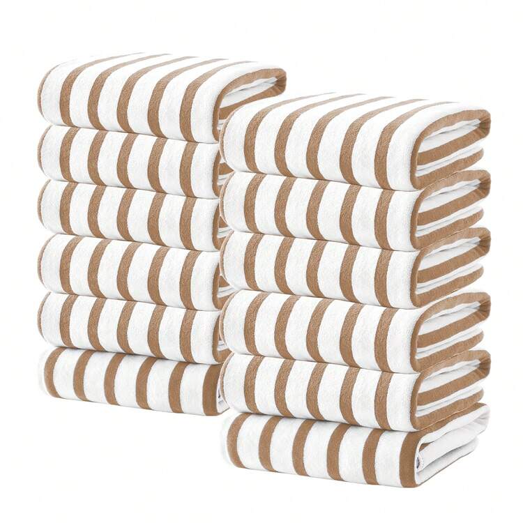 12 Pack Oversized Microfiber Bath Towels, Cabana Striped Beach Towels Set, 27x55 Inch Large Super Absorbent Quick Dry Towels, Windproof & Sunscreen, Ideal For Beach, Travel, Camping, Pool, Vacation, Summer Essential Gift For Men Women Family - 卡其色 - 查看 9