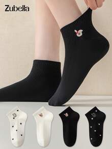 4 Pairs Women's Heart Cartoon Pattern Short Socks Ankle Socks, White & Black Cute Mid-Calf Socks, Suitable For Outdoor Wear, All Seasons - Multicolor - View 2