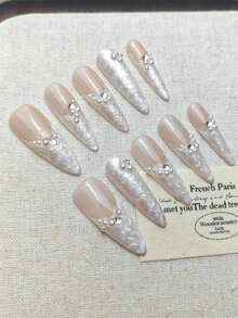 Juego de 10 uñas postizas largas y puntiagudas hechas a mano, uñas falsas blancas, uñas elegantes y suaves para usar, perla 3D pintada a mano con nácar, incrustación de perlas hecha a mano, adecuadas para uso diario de niñas, oficina, escuela, citas, fiestas, bailes, regalo del Día de San Valentín - Blanco - Ver 3