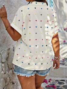 Heart Print Button Front Cardigan, Casual Short Sleeve Top, Suitable For Spring And Summer, Women's Clothing Vacation White - White - View 2