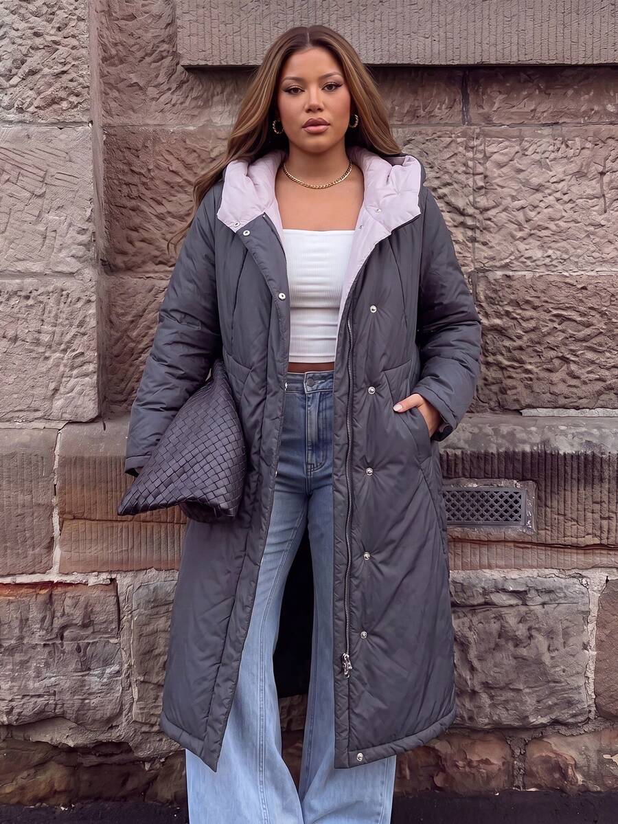 Astrid Plus Size Winter Coat Solid Color Long Sleeve Minimalist Fashion Casual Everyday - Dark Grey - View 1