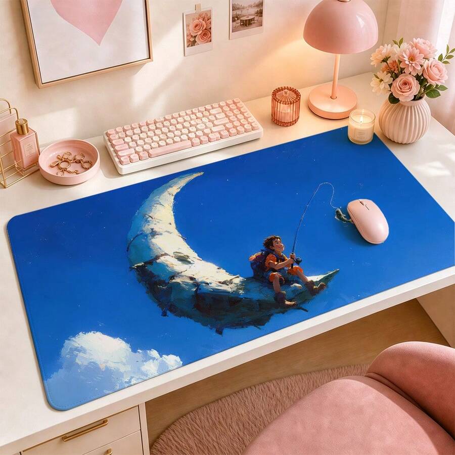 Little Boy Fishing On Crescent Moon Large Vanity Mat, Blue Sky Clouds Stars Fantasy Oil Painting Print Non-Slip Rubber Extended Mouse Pad, Waterproof Long Keyboard Mat, Suitable For Makeup Table, Office Desk Decoration - View 1