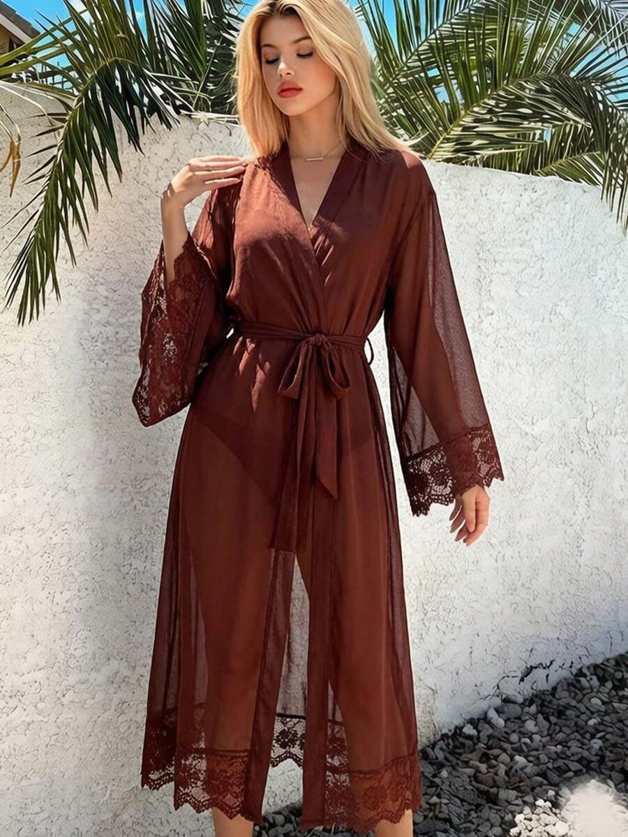 Women's Coffee Color Sheer Mesh V-Neck Lace Embroidered Long Sleeve Bustier Waist-Cinching Slit Long Dress Nightgown Set - Brown - View 1