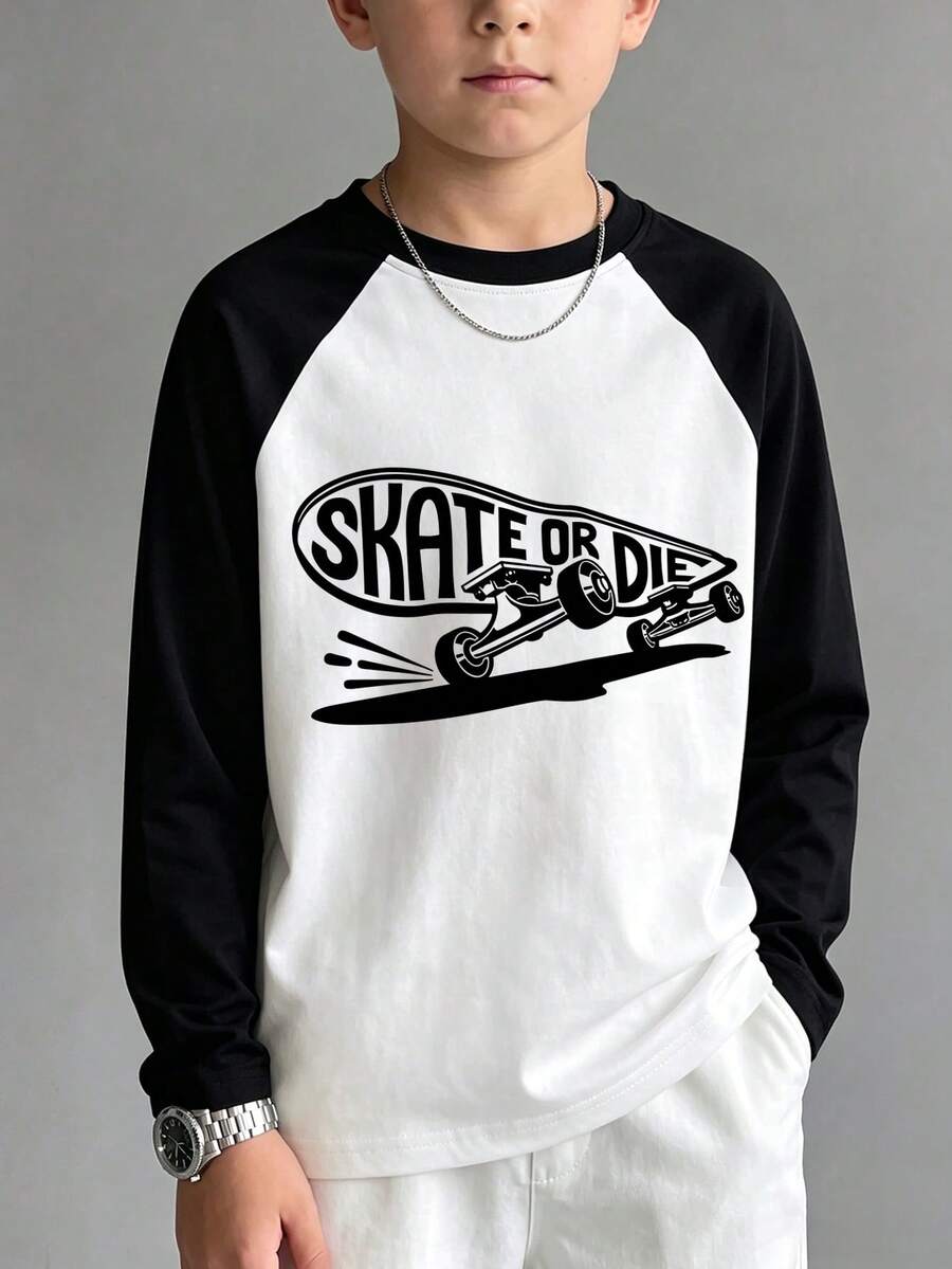 Big Boys Round Neck Long Sleeve Printed Top, Black And White Color Block Raglan Sleeve Design, Suitable For Autumn/Winter - Black and White - View 1