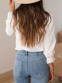 EARO Women's Vintage White Hollow Lace Blouse, Ruffled High Collar, Semi-Sheer 3/4 Sleeve Top - White - View 3