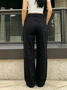 High-Waisted Straight-Leg Jeans, Stone-Washed Black Fabric, Loose & Comfortable Design Elongating Legs, Blending Street & Fashion Culture - Black - View 3