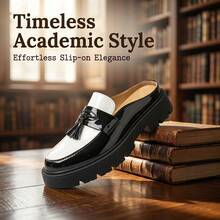ZCZ Men's Black & White Colorblock Glossy Tassel Thick Sole Mule Loafers, British Style Backless Half-Slip-On Platform Loafers - Black - View 10